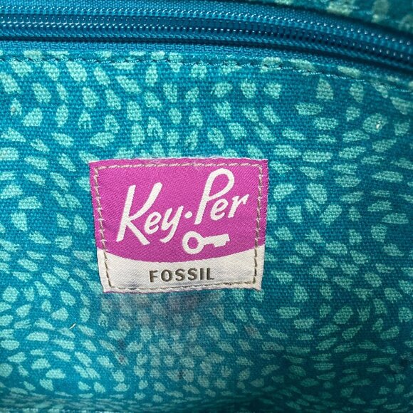 Fossil Key Per Coated Canvas Messenger Bag Blue Key Print Adjustable Strap - Picture 5 of 16
